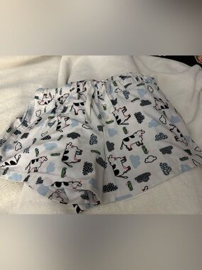 Cow Print Cotton Lounge Shorts - White with Black & Light Blue